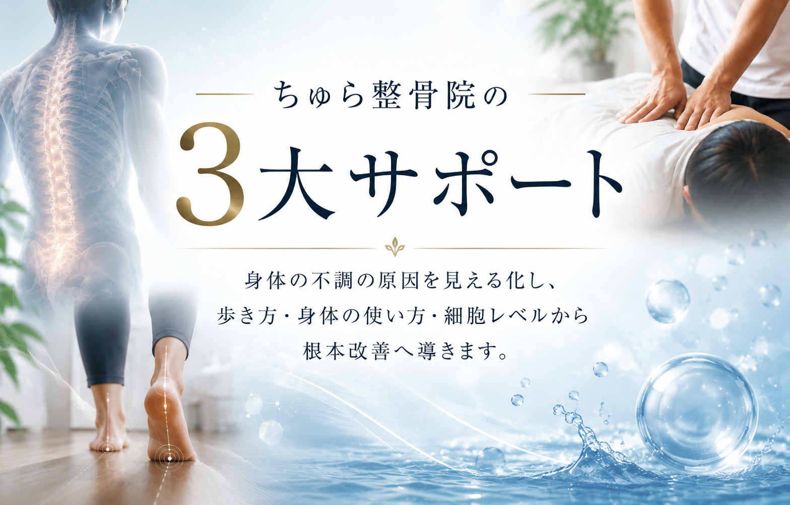 ちゅら整骨院の3大サポート。身体の不調の原因を見える化し、歩き方・身体の使い方・細胞レベルから根本改善へ導きます。